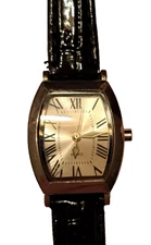 SKG Women's Silver Toned Watch Black Shiny Leather Band 8"