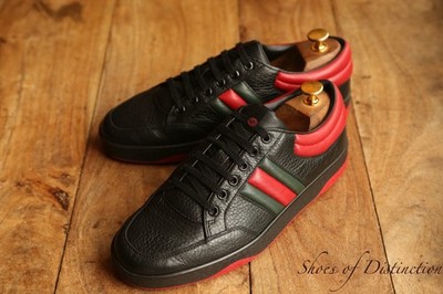 Gucci Schwarz Rot Leder Genarbt Schuhe Turnschuhe Sneaker Herren UK 6 G US 7 EU 40