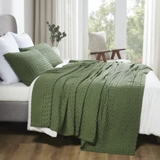 Waffle Weave Queen Blanket 90x90 & Sham Set of 2 (20x26) Olive Green VHC Brands