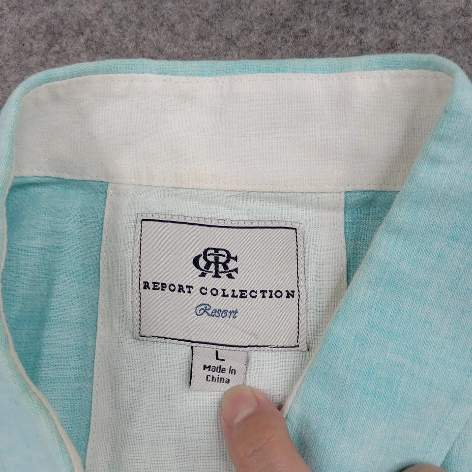 Report Collection Resort Shirt Mens Large Aqua Linen Short Sleeve Button Down - Image 2 of 4