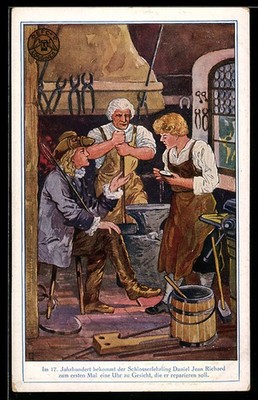 Artist postcard Daniel Jean Richard with blacksmiths and pocket watch