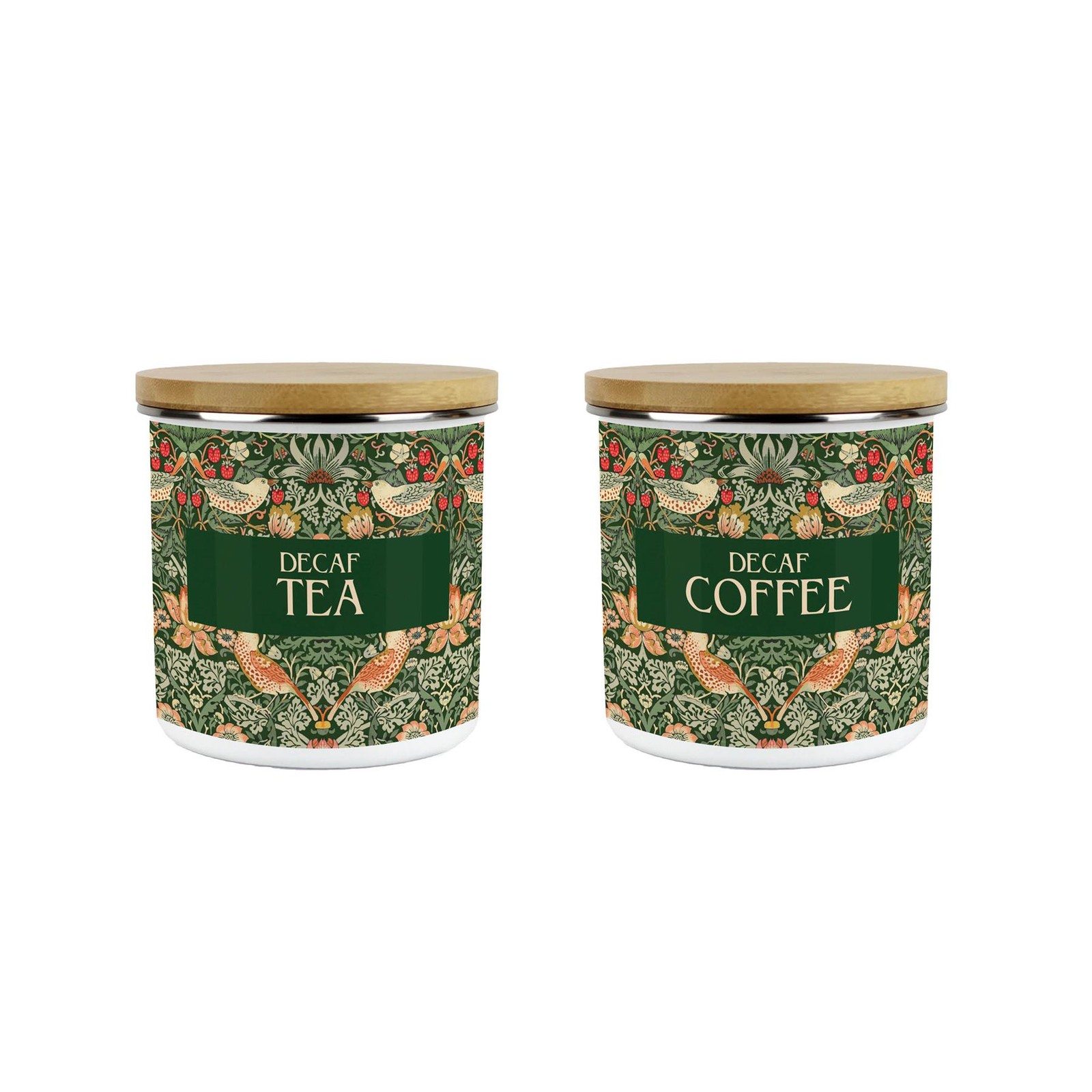 Green Strawberry Thief Decaf Tea & Decaf Coffee Canisters Set - Kitchen Gifts