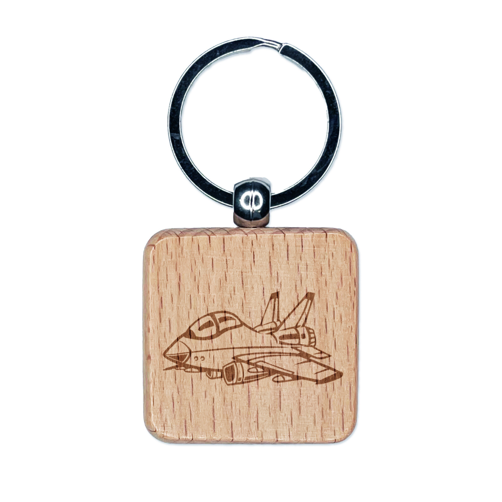 Cartoon Military Fighter Jet Airplane Engraved Wood Square Keychain Tag Charm