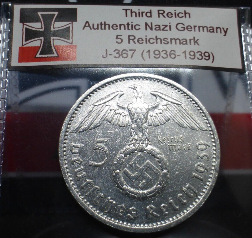 Nazi Swastika Coin: Beautiful Silver 5 Reichsmark Hindenburg Third Reich Germany