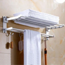 2-Tier Wall Mounted Towel Rack Stainless Steel Bathroom Storage Shelf w/ Hooks