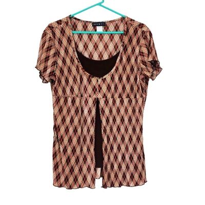 Jane & Eric Blouse Layered Shirt Orange Brown Diagonal Plaid Size Medium