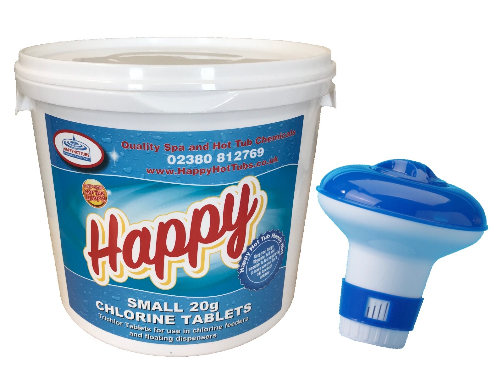 Happy Hot Tubs 20g Small Chlorine Tablets 5kg + FREE Dispenser Swimming Pool Spa