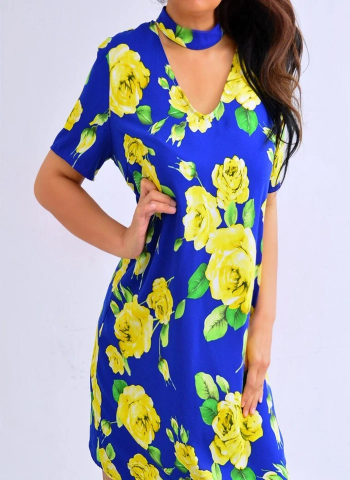 Vestido Soprano Azul Amarillo Verde Floral Cambio Manga Corta L Grande Foto 2 de 4