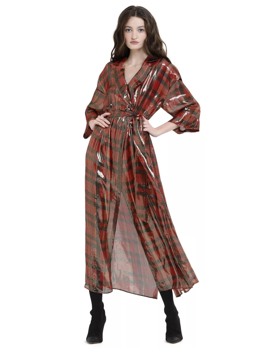 Alice Olivia Chap Dress Plaid Wrap Metallic Red Tie Waist Midi