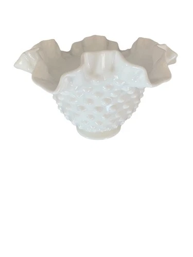 Vintage Fenton Hobnail Milk Glass 4” X 6” Candy Dish Double-Crimped Rippled Edge