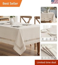 Beige Rectangle Linen Polyester Tablecloth with Decorative Cutouts Spring Wat...