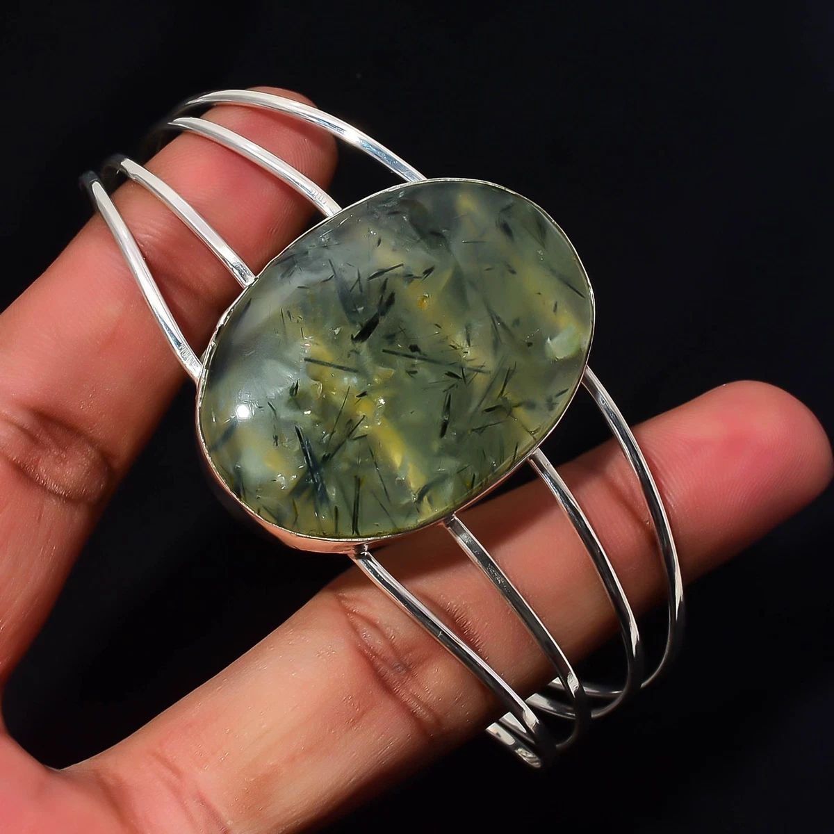 Moss Prehnite Gemstone 925 Sterling Silver Handmade Bangle Jewelry Gift For