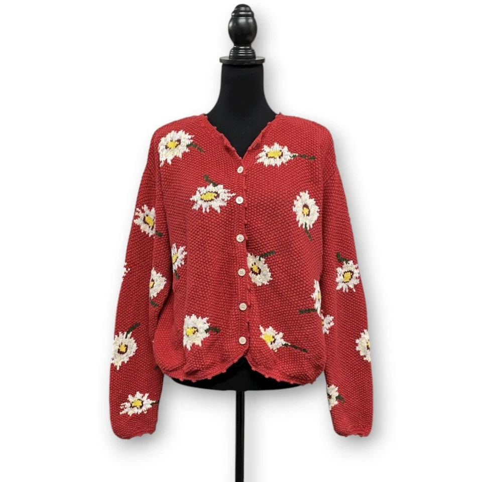 Cárdigan Eddie Bauer Vintage Años 90 Tejido a Mano Margarita XL Rojo Mezcla de Lino Tejido Suéter Foto 2 de 4
