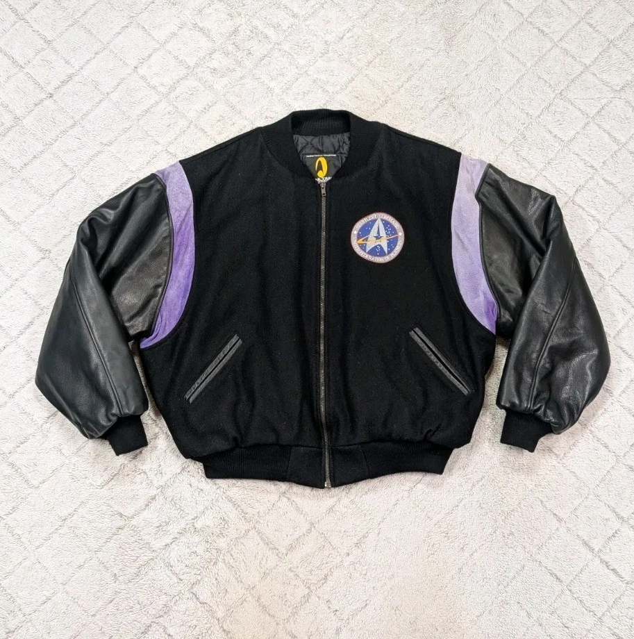 Vintage Star Trek Jacket Men XL Black Federation Of Planets Varsity Wool Leather - product detail image 1