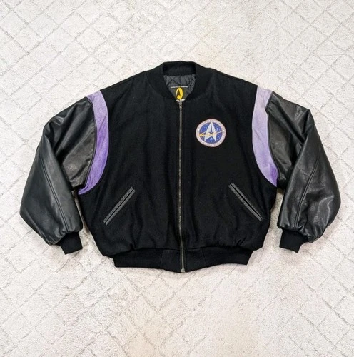 Vintage Star Trek Jacket Men XL Black Federation Of Planets Varsity Wool Leather video thumbnail