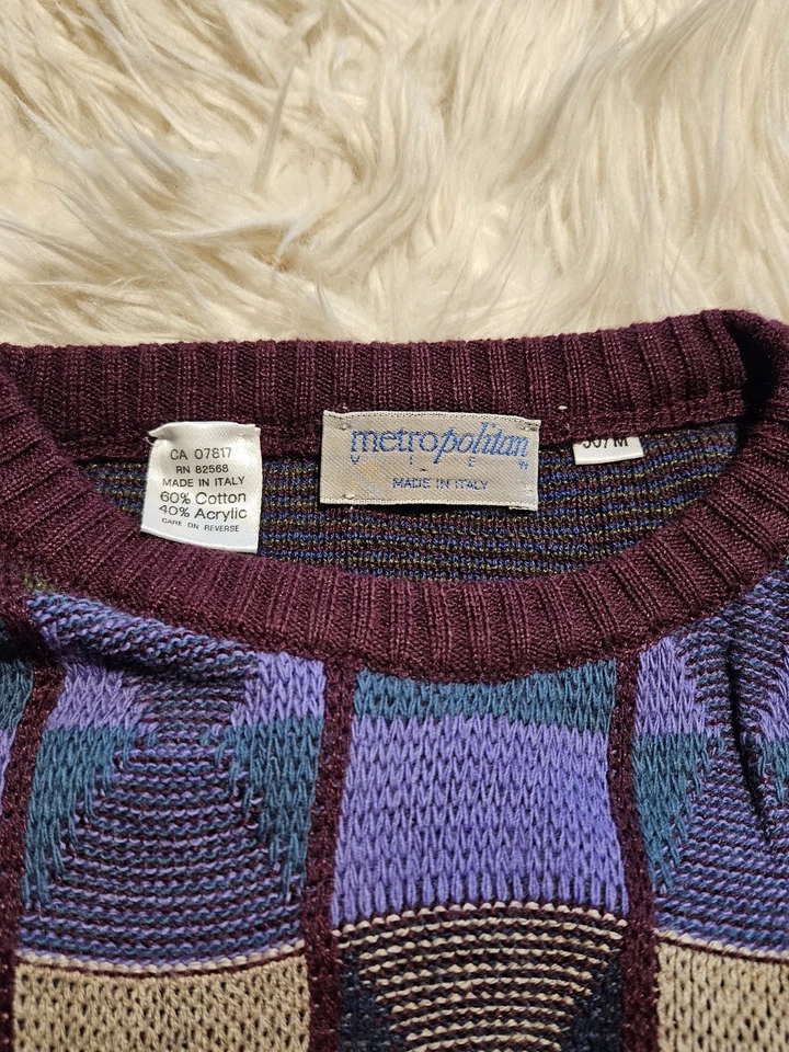 Vintage 90s Style Knit Crewneck Sweater SZ M Multicolor Textured Cosby Biggie - Image 3 of 4
