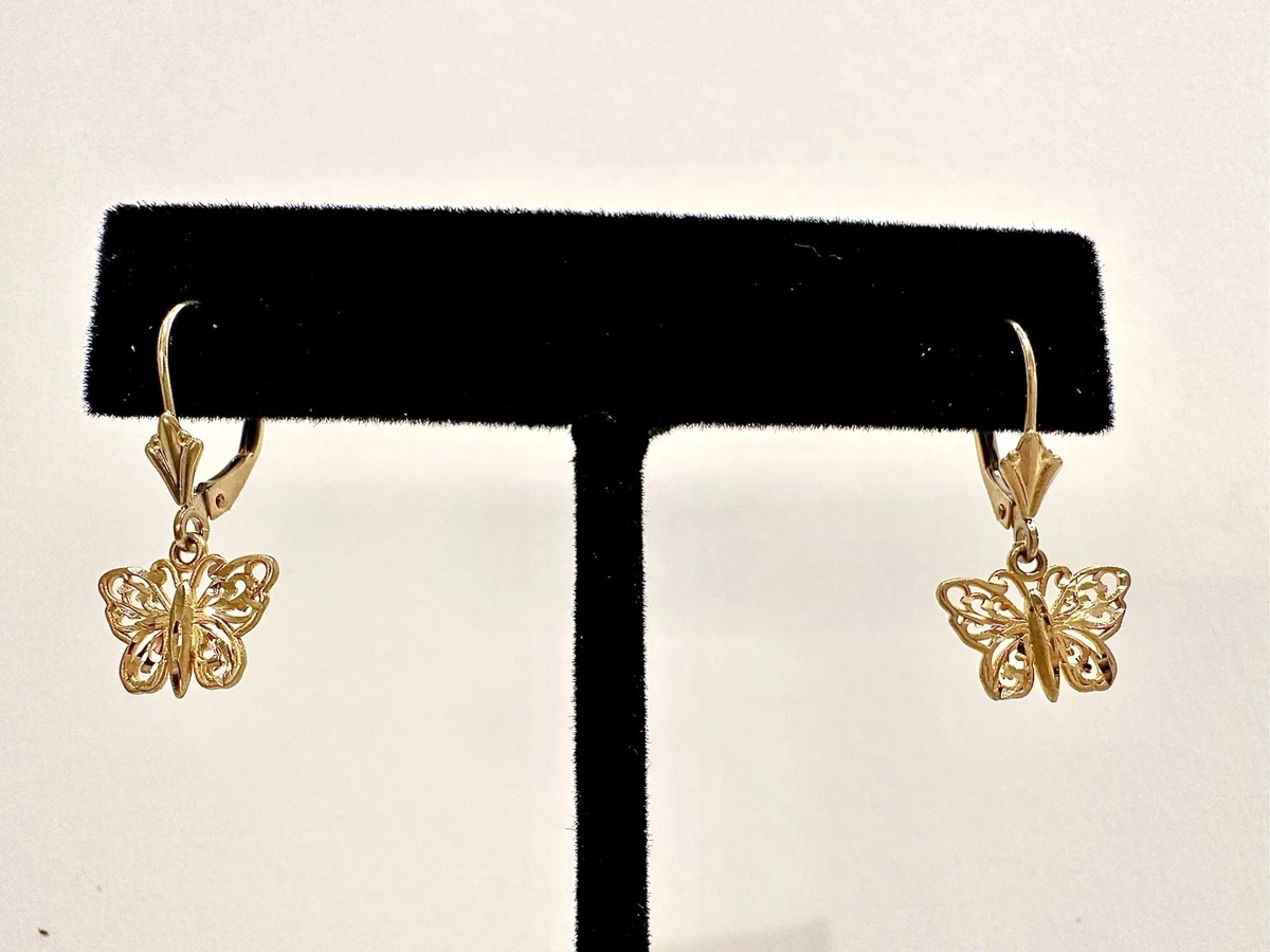 Vintage Signed Michael Anthony 14k Gold Butterfly Leverback  Filigree Earrings