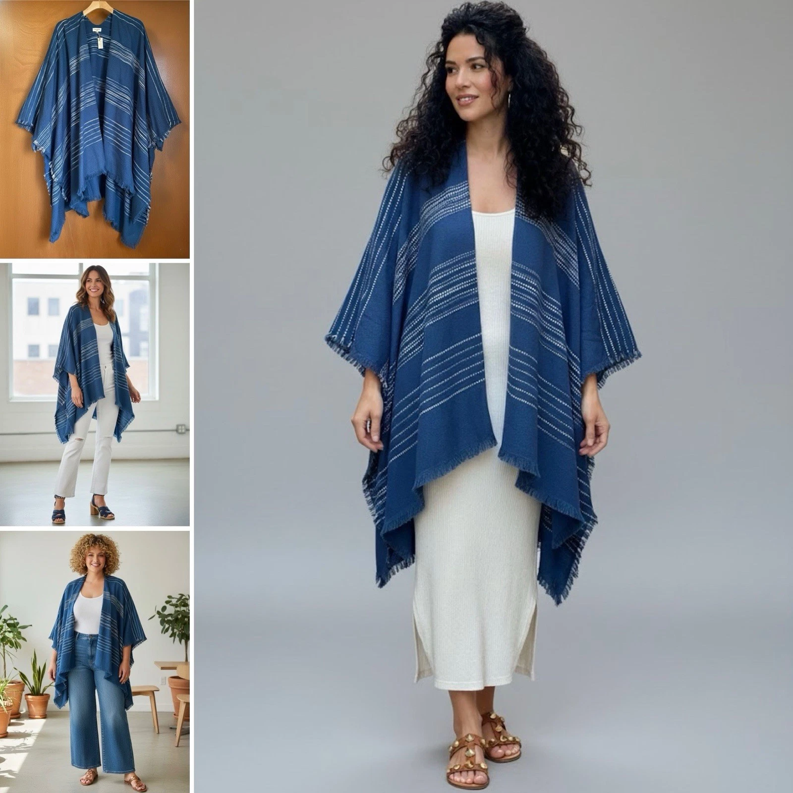 World Market Denim Blue Striped Ruana Kimono Poncho Wrap Boho Fringe OS Resort