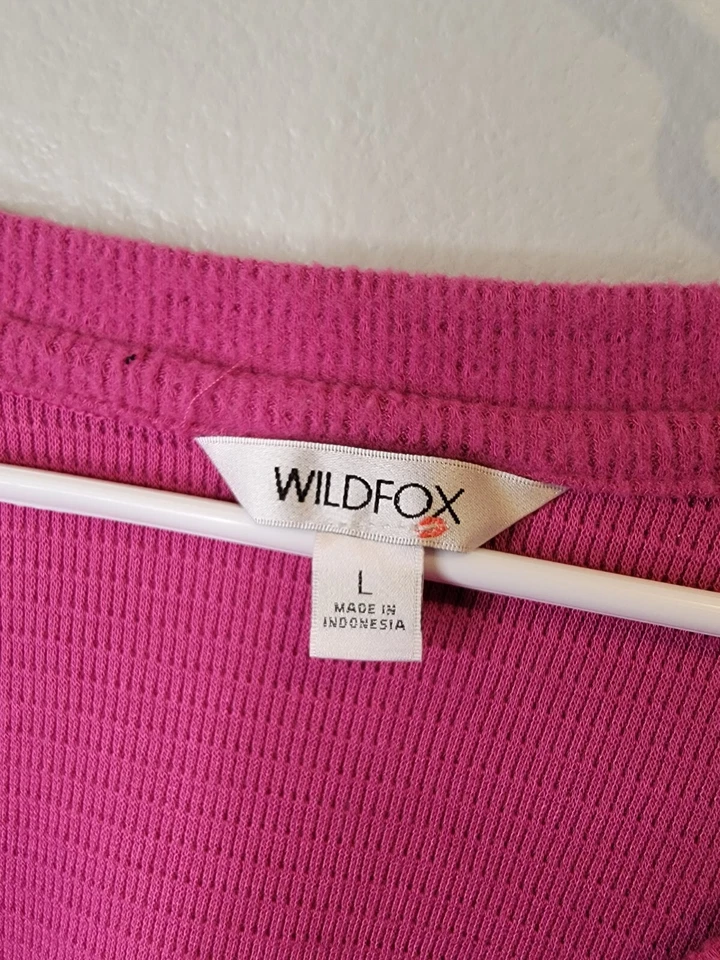 Wildfox Large Womens Haley Top Pink Long Sleeve V-Neck Brushed Waffle-knit — 第 3/4 张图片
