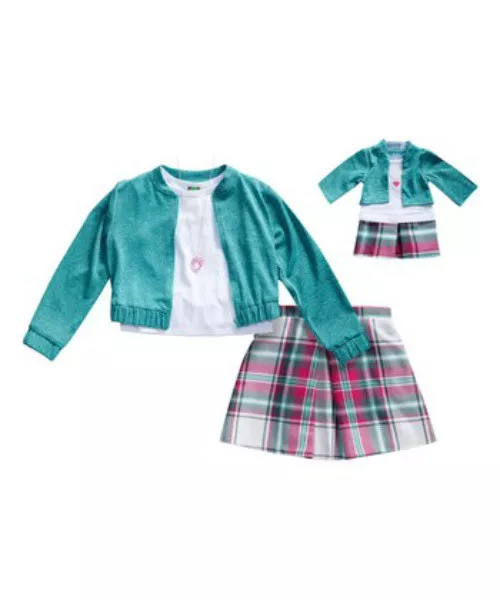Girl 4 14 and Doll Matching Aqua Pink Plaid Skirt Jacket Clothes American Girl