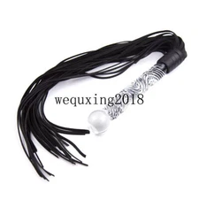 Glass Handle Real PU Flogger Whip Cat-O-Nine Tails Tassels Tawse
