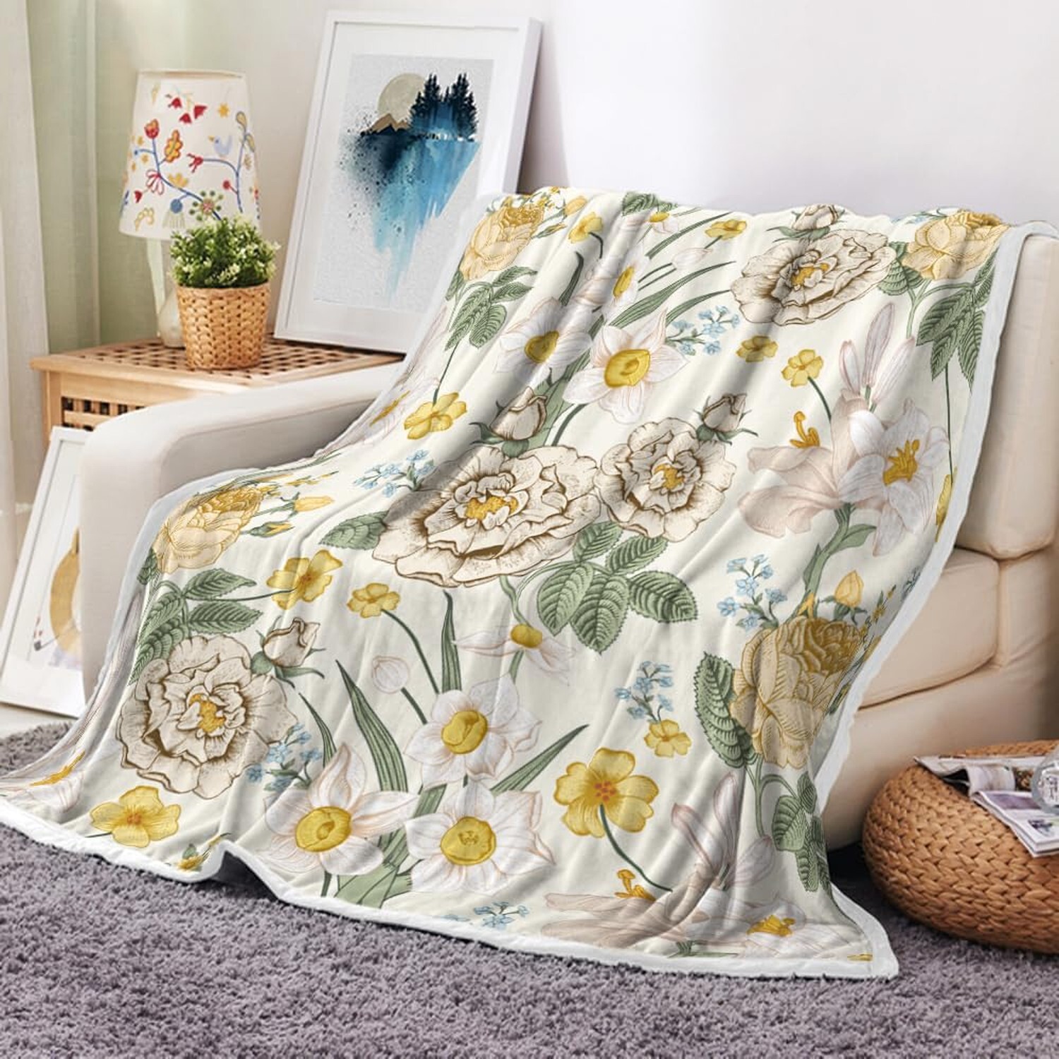 Botanical Wildflowers Flannel Throw Blanket Soft Cozy Warm Floral Design