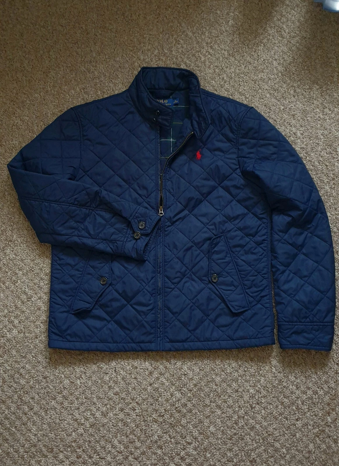 Polo Ralph Lauren Jacket M Navy Blue Quilted Pockets Check Lining Medium