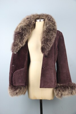 Women's Vintage Danier Fox Fur Collar Suede Jacket, Large