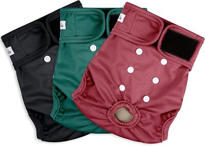Grecle 3PK Female Dog Washable Pet Diaper w/ Adjustable Snaps, Red/Green/Blk, M