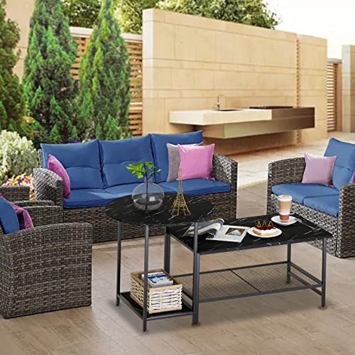 Coffee Table Black Faux Marble Wood Set Of 2 Storage End Table Modern Round And 