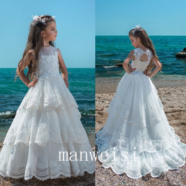 Elegant Flower Girl Dress Ivory Lace Applique Sleeveless Floor Length Princess