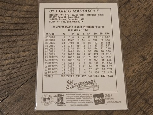 1999 Kenner Starting Lineup Card Greg Maddux Atlanta Braves Card Only Nmmt - Picture 3 of 3