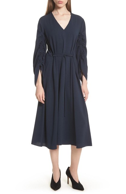 navy long sleeve midi dress