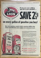 Large 1955 newspaper ad for Lion Gas - Save 2 1/2 cents on every gallon, lion