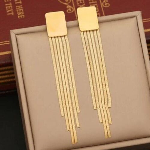 Stainless Steel Dangling Chain Earrings Gold Tone Statement Fashion Jewelry