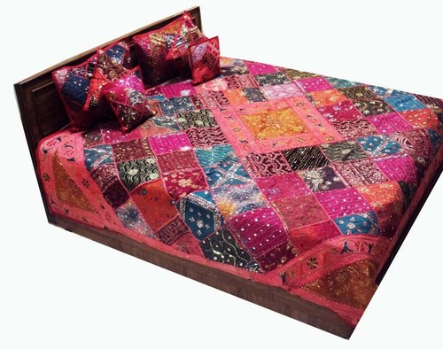 7 PC LUXURIOUS VINTAGE SARI BEADS BLANKET QUILT COVERLET BEDSPREAD THROW DUVET - Picture 3 of 14