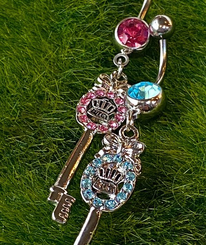 1PC Juicy Key Dangle CZ Gem Belly Ring Navel Naval  Pink OR Aqua - Picture 2 of 7