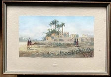 Watercolour Market Fountain Orient Oase Um 1890 Cairo Egypt Monogram Antik Camel