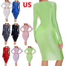 Women's Bodycon Tight Pencil Dress Oil Glossy Sheer Micro Mini Dress Clubwear