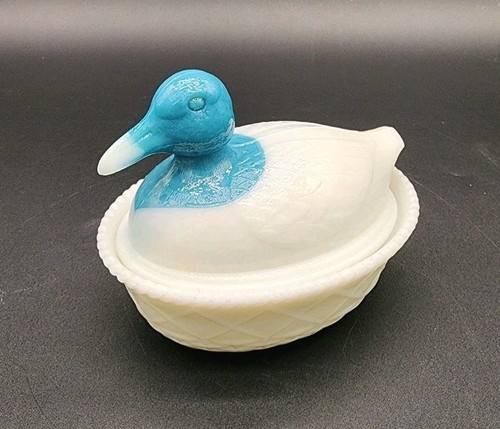 Westmoreland White Milk Glass Blue Head Duck Basketweave Duck On Nest Base 5.5"