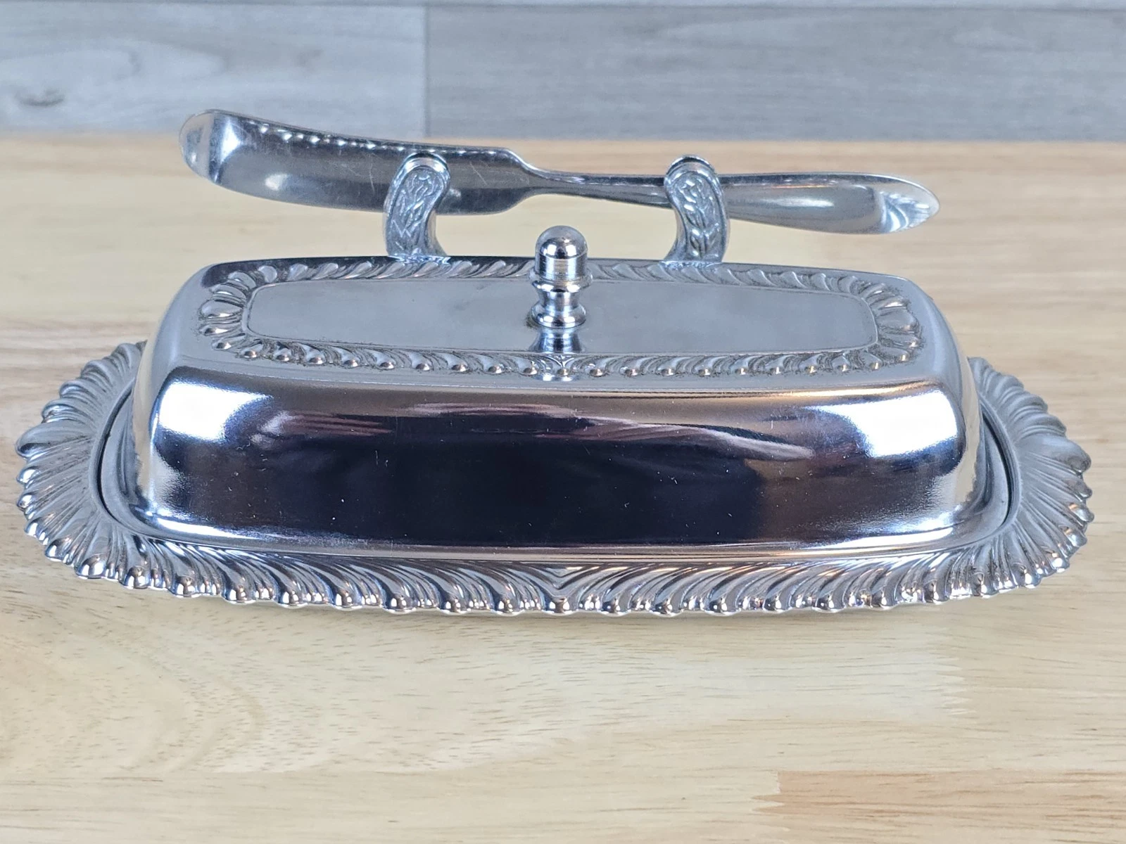Vintage Irvinware Stainless Steel Butter Dish with Glass Insert, Lid, and Knife