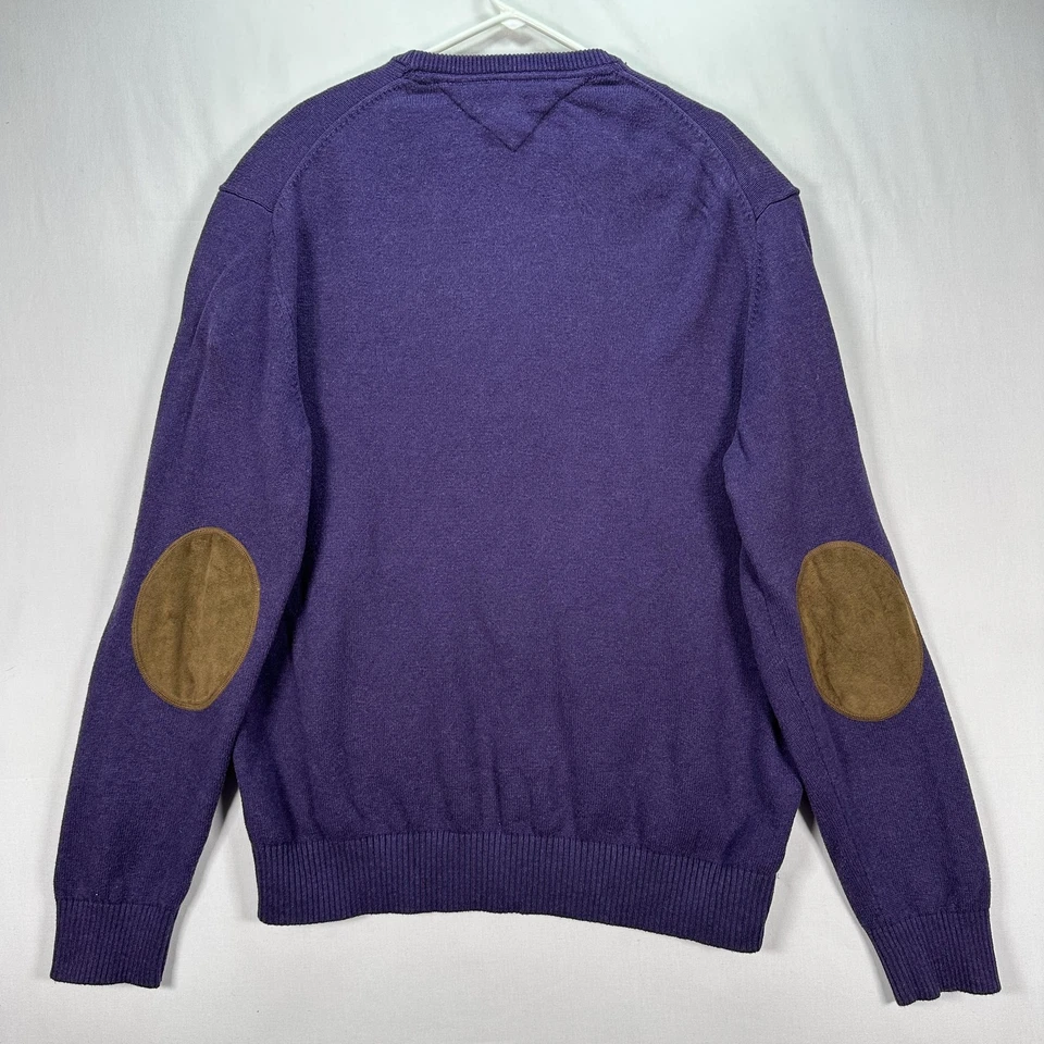 TOMMY HILFIGER Bulldog Crewneck Sweater Mens 2XL Elbow Patches Purple Cotton - Image 2 of 4