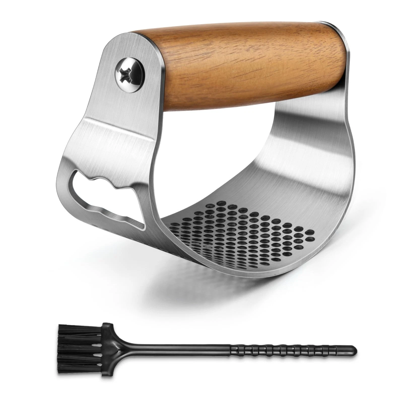 Professional stainless steel garlic press, crush garlic with small brush wooden handle M...