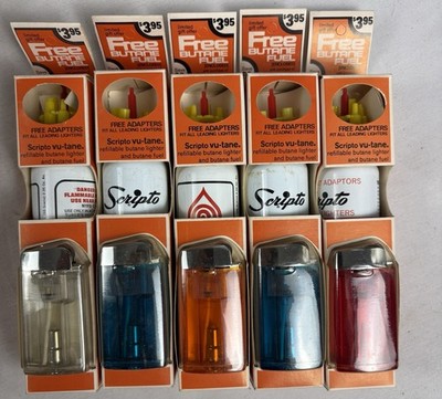 5 Vintage Scripto Vu-Tane Butane Lighters NOS Display Box Blue Red Amber Clear