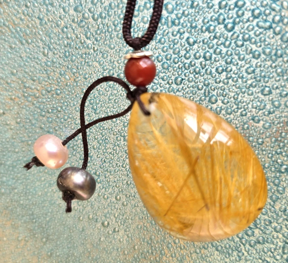 Natural AAA TITANIUM RUTILATED Quartz PEAR Crystal POLISHED  Necklace w/2 Pearls - Image 4 of 4