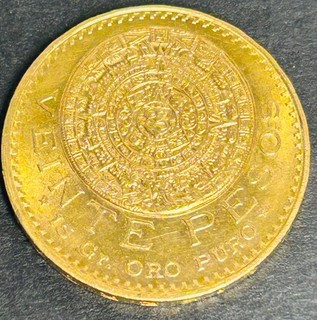 1959 Mexican Gold Veinte 20 Pesos Coin 16.66 Grams AU/BU .4823 T. Oz. Oro Puro