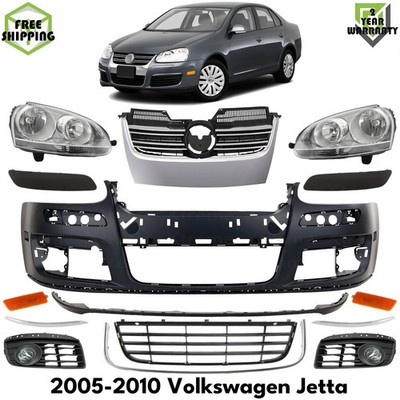 Front Bumper Cover Primed Plastic & Headlights Kit For 05-2010 Volkswagen Jetta