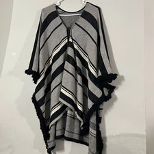 Womens Black White Striped Fringe Poncho Cape Shawl One Size