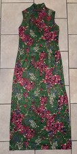Vtg 70s Traditional Green Silk Cheongsam Qipao Maxi Dress Floral Embroidery S/M