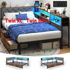 DUJAHM Daybed Corner Bed Frame with Charging Station,Led Lights,Bookcase Storage